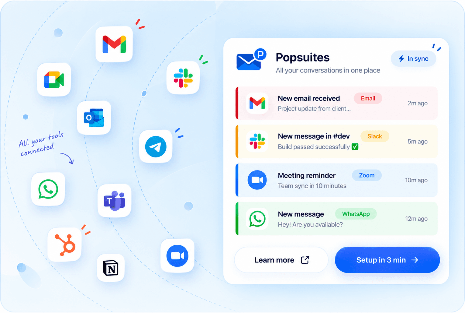 Popsuites unified inbox with Gmail, Slack, Zoom, Telegram, WhatsApp, HubSpot, Notion and more connected