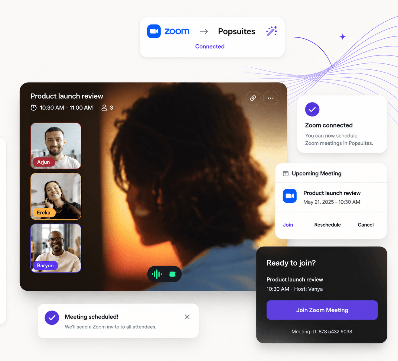 Zoom connected to Popsuites, showing a live meeting with an auto-generated Zoom link and upcoming meeting details